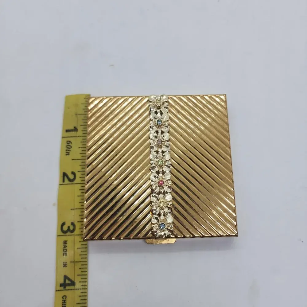 Vintage Volupte Powder Compact Gold Tone Floral Rhinestone Mirror Vanity USA